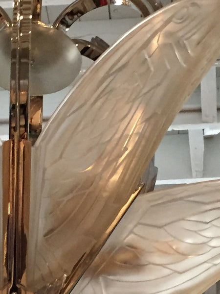 French Art Deco Chandelier with Geometric Flying Bird Motif by P. Maynadier