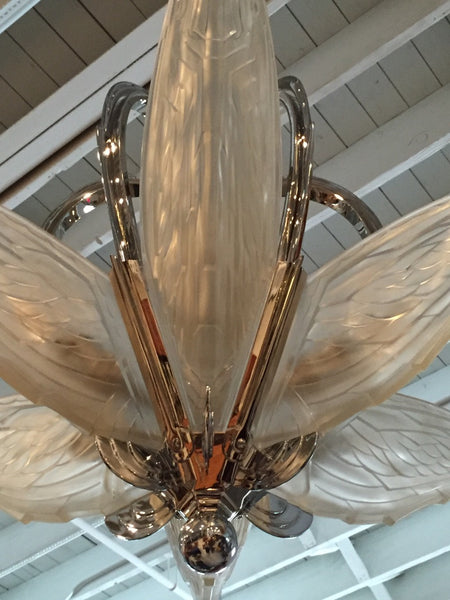 French Art Deco Chandelier with Geometric Flying Bird Motif by P. Maynadier