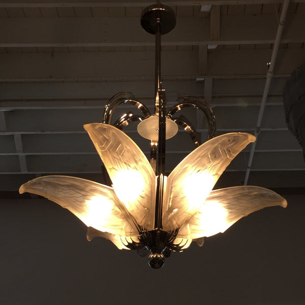 French Art Deco Chandelier with Geometric Flying Bird Motif by P. Maynadier