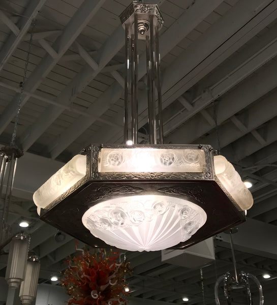 French Art Deco Floral Chandelier Signed by Degue