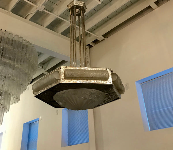 French Art Deco Floral Chandelier Signed by Degue