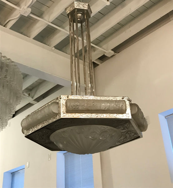 French Art Deco Floral Chandelier Signed by Degue