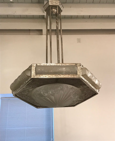 French Art Deco Floral Chandelier Signed by Degue