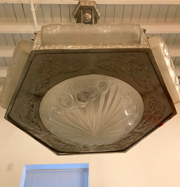 French Art Deco Floral Chandelier Signed by Degue