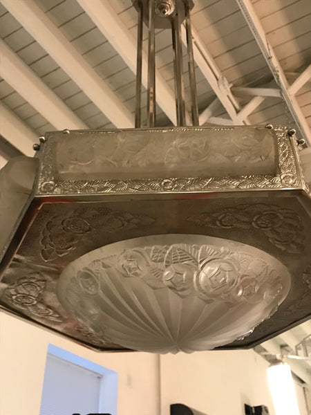 French Art Deco Floral Chandelier Signed by Degue