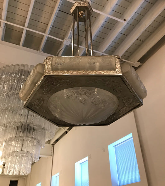 French Art Deco Floral Chandelier Signed by Degue