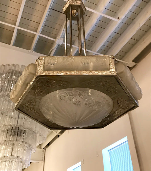 French Art Deco Floral Chandelier Signed by Degue