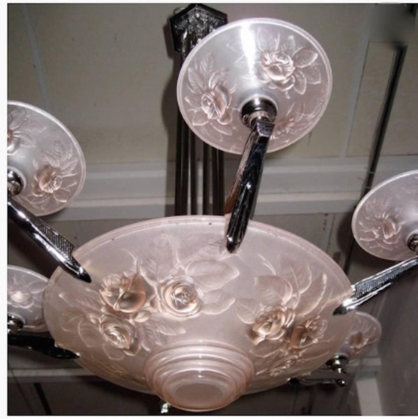 Muller Freres French Art Deco Peach Glass with Roses Six-Arm Chandelier