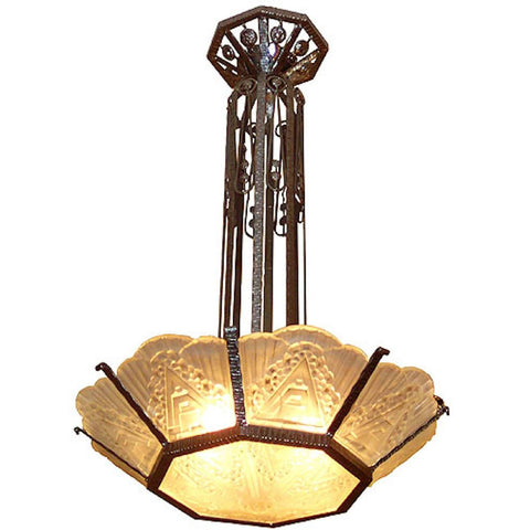 French Art Deco Wrought Iron Geometric Glass Chandelier
